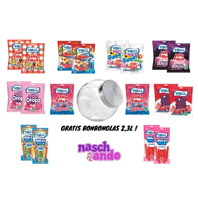 Vidal HALAL Fruchtgummi Bundle bestehend aus 18x Fruchtgummis a 90g und einem Bonbonglas mit 2,3 Liter