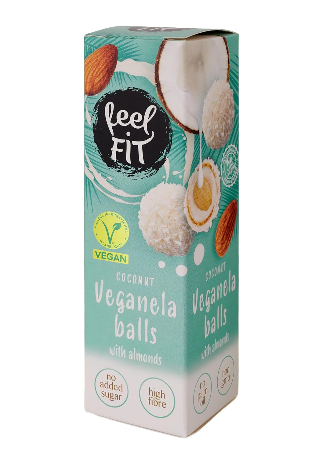 Feel FIT Veganela Balls, vegane Kokosnusspralinen mit ganzen Mandeln