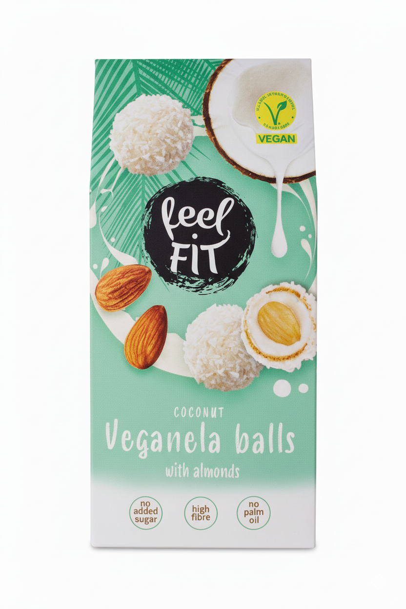 Feel FIT Veganela Balls, vegane Kokosnusspralinen mit ganzen Mandeln