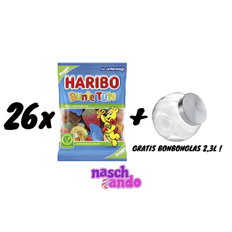 26x Haribo Bunte Tüte Veggie 100g + BonBon Glas 2,3 Liter