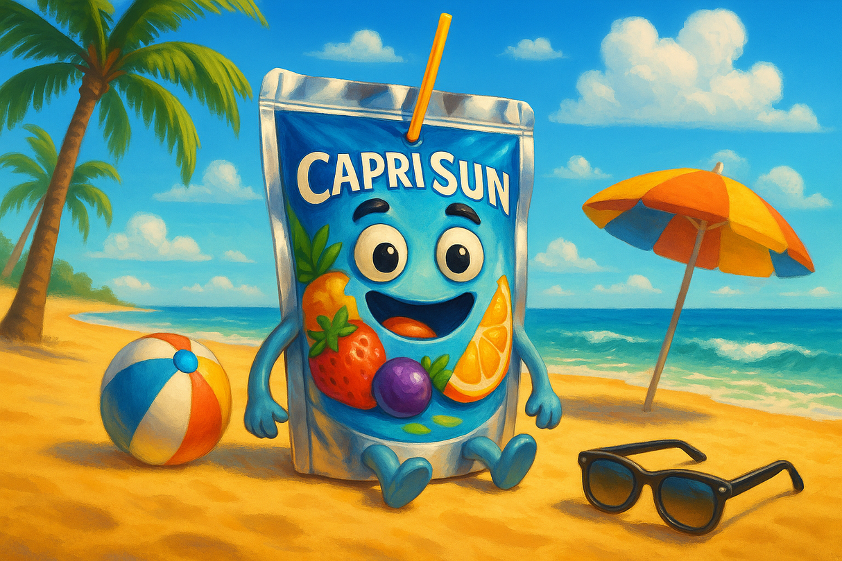 Kannst du mit ein cooles Bild mit der Capri Sonne Monster am Strand machen?